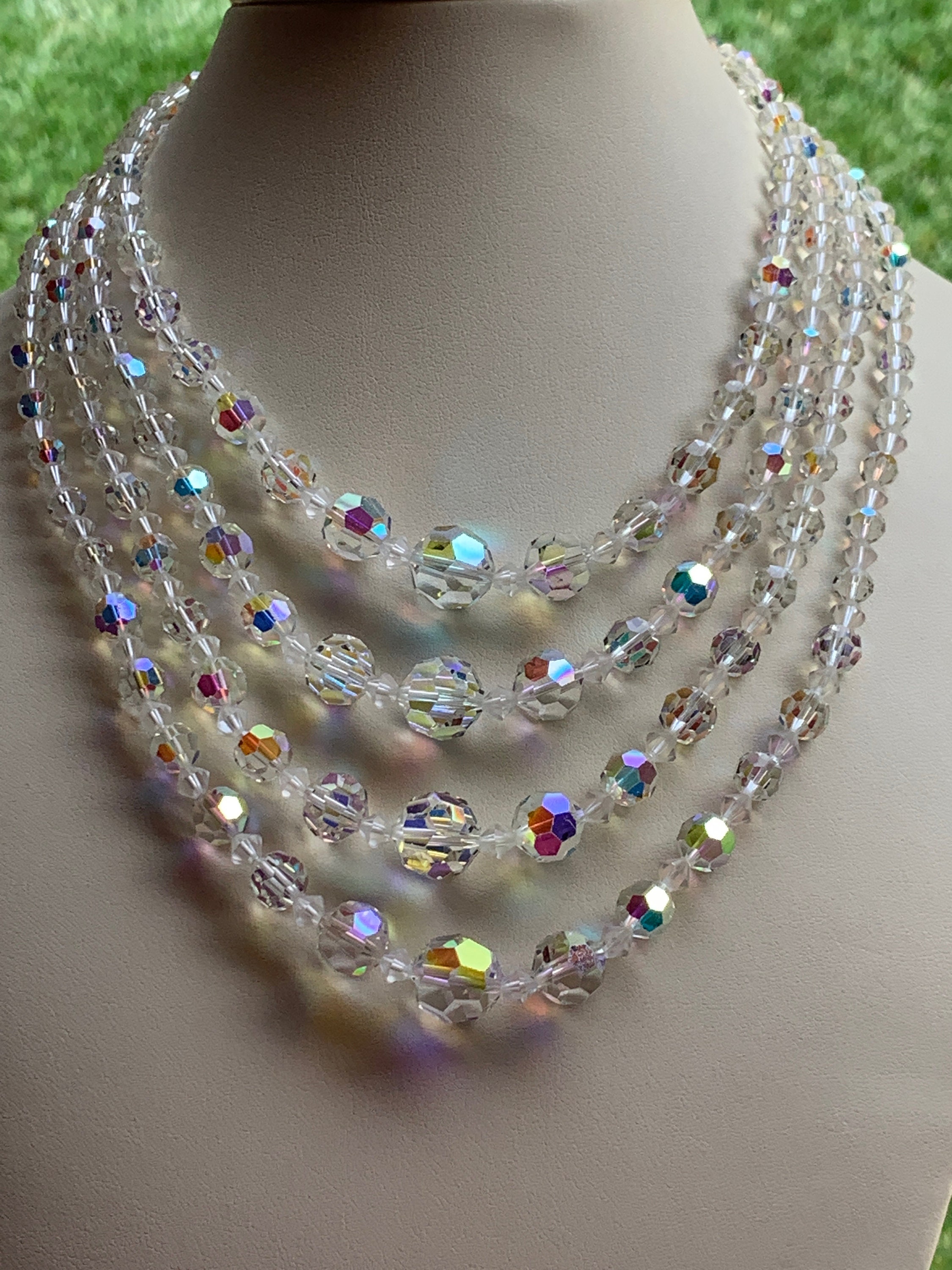 Vintage Iridescent Austrian Aurora Borealis Crystal Four Strand, Unsigned  Necklace Wedding Gift 