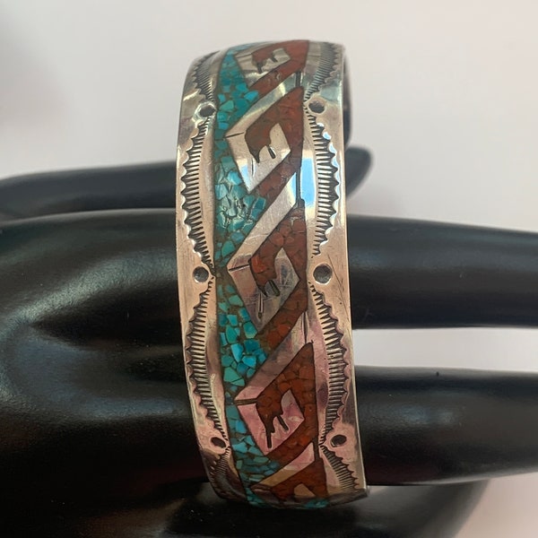 NAVAJO signed J. NEZZIE Sterling Silver Native American turquoise and coral inlay open bangle, cuff bracelet! Wave designs!