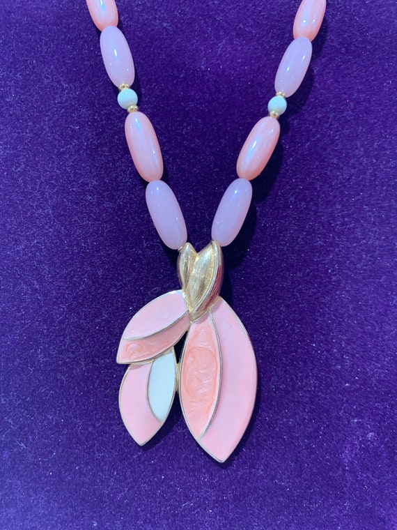 Vintage TRIFARI pink enamel pendant, Lucite beade… - image 3