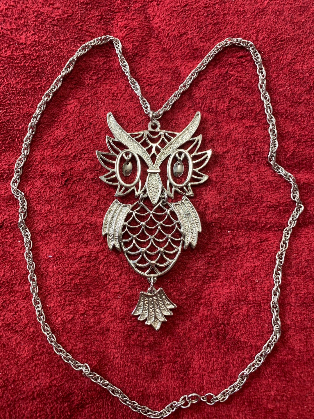 1960s Articulated Owl Pendant Necklace Rope Chain Vintage Jewelry