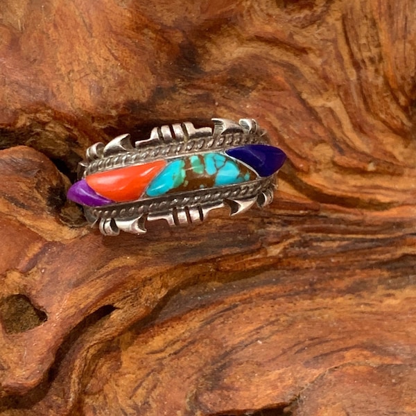 Vintage Christin Wolf Native American artist, ring, inlay, Turquoise, lapis lazuli, sugilite, red oyster shell Highly decorated!! Size 7 1/2