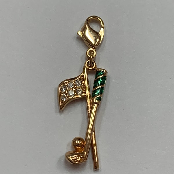 Swarovski, SWAN signed golf club flagpole pendant/charm! Swan Hallmark! Clear pave crystals and green enamel in gold tone setting!