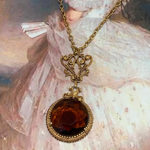 Vintage FLORENZA Victorian Revival faceted cognac color glass pendant in ornate frame, gold tone, necklace. Victorian necklace!!