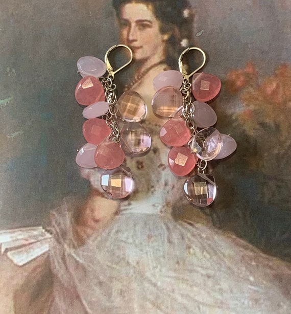 LARGE Pink Quartz multicolored drop earrings. Ste… - image 4
