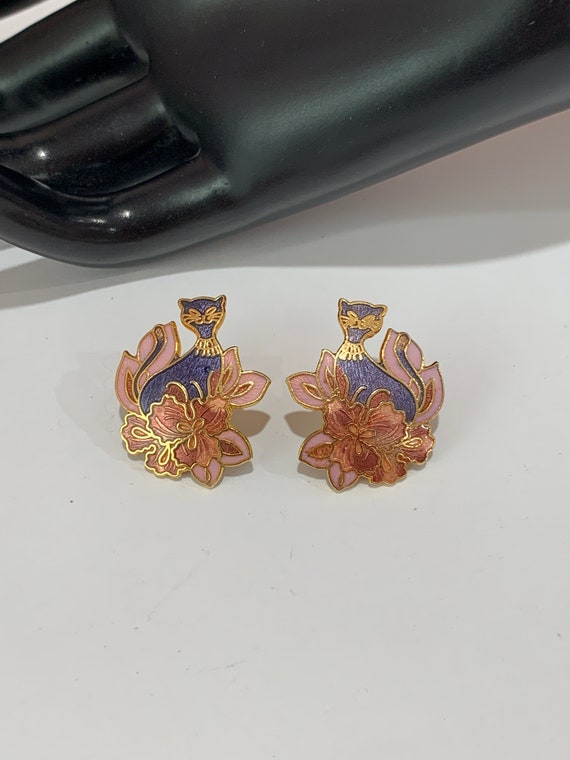 Vintage Cloisonne earrings, CAT and floral earring