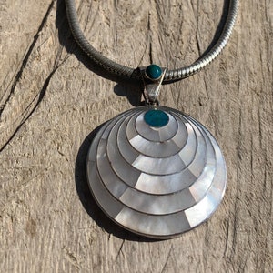 Pachamama Mother-of-pearl Green chrysocolla stone Spiral Sterling Silver .950 pendant with .925 sterling silver chain!