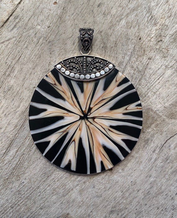 Exotic Round LARGE Shell Pendant with Sterling Si… - image 1