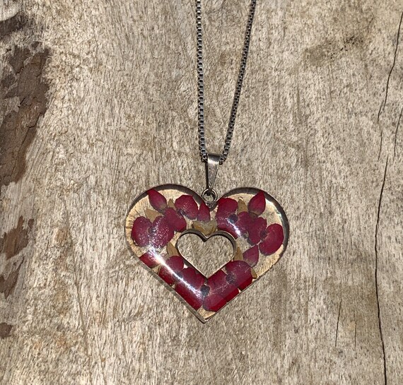 Resin heart pendant with red dried flowers and .9… - image 3