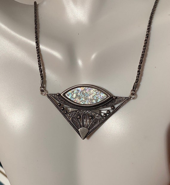 Sterling Silver Filigree Roman Glass Necklace! Vi… - image 1