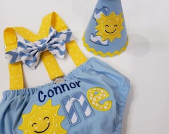 Sunshine First Birthday Outfit: Cake Smash Set, Personalized Hat & Diaper Cover