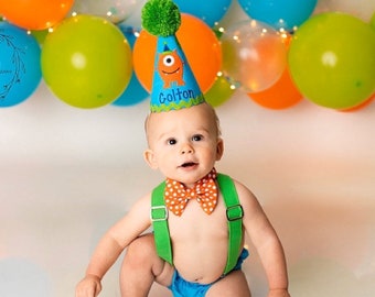 Boys cake smash outfit, Monster Party Birthday Hat & Bow tie, Diaper cover and Suspenders for photo shoot