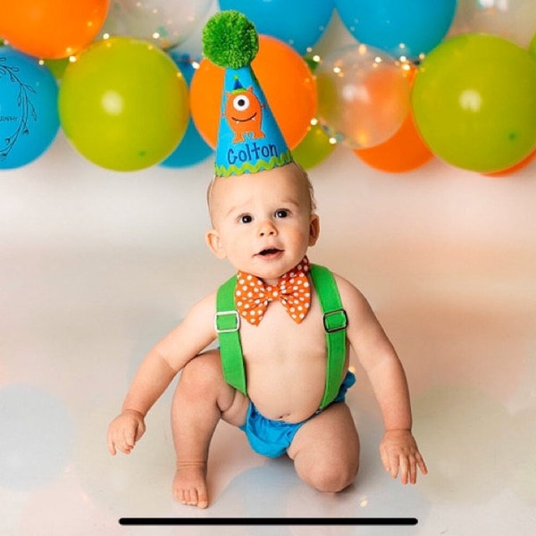 Boys cake smash outfit, Monster Party Birthday Hat & Bow tie, Diaper cover and Suspenders for photo shoot