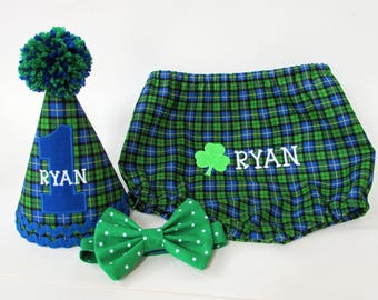Boys St. Patrick's Green and blue Plaid cake smash outfit , Irish first birthday set Hat, Diaper cover Tie Bow Tie, Boys birthday outfit