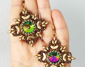 Tutorial Gabry earrings with Arcos beads,Superduo beads,rivoli 14 mm, beading pattern