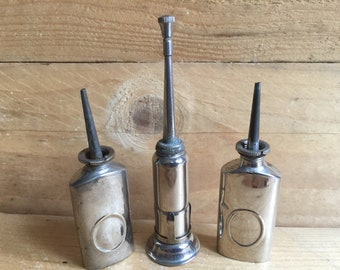 3 lovely old rare vintage small short spout oil cans oiler valvespout made in England engineering.