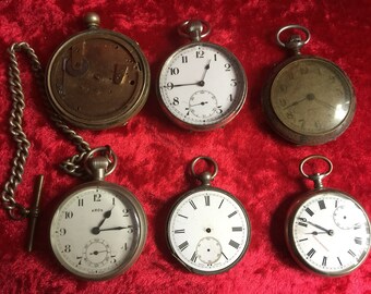 6 anciennes montres de poche vintage, clé à levier et chaîne à remontage par tige Eros Elkayson, etc. pièces de rechange steampunk.