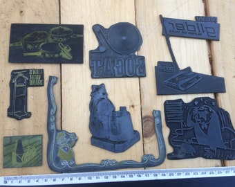 Eight nice old vintage advertising printing plate / block letter press letterpress sogat glider etc 1970s.