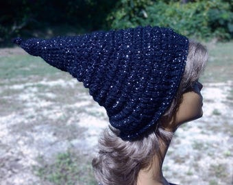 Black Crochet Pixie Hat, Halloween Cosplay Costume Hat, Fae Elf Cap