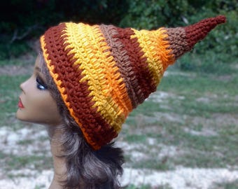 Crochet Pixie Hat, Fall Colors Fae Elf Hat, Festival Headwear, Costume Cap