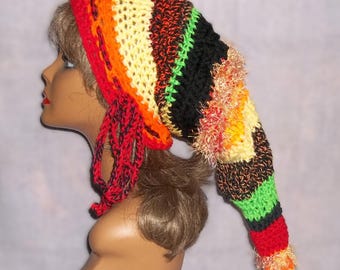 Colorful Long Tail Pixie Hat, Fae Elf Crochet Hat, Festival Costume Cap
