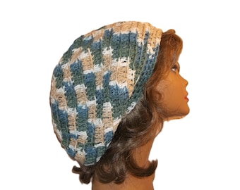 Crochet Slouchy Beanie: Dreadlocks Tam, Blue Green Tan Acrylic