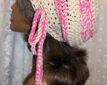 Crochet Slouchy Beanie: Tan & Pink Acrylic Winter Hat