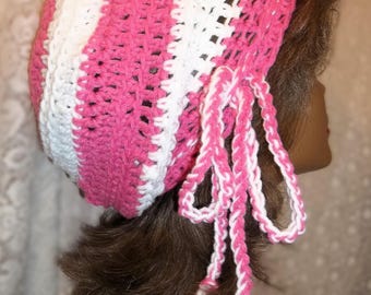Crochet Slouchy Hat: Pink & White Acrylic Beanie with Ties
