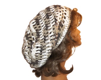 Slouchy Cotton Dread Hat: Open Stitch Tam, Brown Tan White
