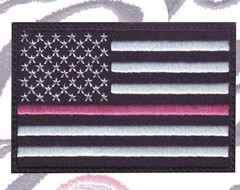 Flaga USA Różowa Cienka Linia Wstążka Nadziei Haftowana Łatka Świadomości Raka