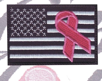 USA Flag Pink Hope Ribbon Cancer Awareness Embroidered Patch