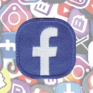 May include: A blue fabric patch with a white "f" in the center, surrounded by other social media logos.