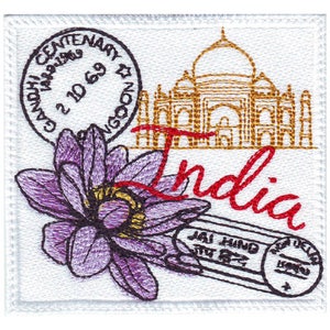 May include: A purple flower with a white center, a gold outline of the Taj Mahal, and a red stamp that says "India" with the text "Gandhi Centenary 2 10 69" in a circle.