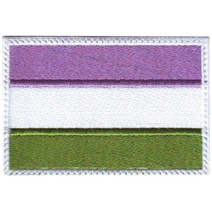 May include: A purple, white, and green embroidered patch with a white border. The patch is a representation of the genderqueer pride flag.