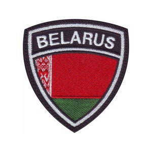 May include: An embroidered patch with a white border and black background. The patch features the flag of Belarus with a red field, a white and red pattern on the hoist side, and a green stripe at the bottom. The word "BELARUS" is written in white letters on the black background.