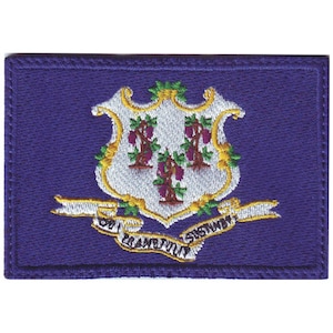 May include: Embroidered patch of the Connecticut state flag. The flag is purple with a white shield featuring three green trees and a gold border. The shield is surrounded by a gold ribbon with the words "QUI TRANSTULIT SUSTINET" in gold.