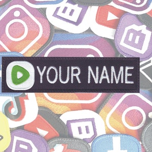 May include: A purple and white embroidered patch with a play button and the text "YOUR NAME" on a background of various social media logos.