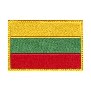 May include: An embroidered patch of the Lithuanian flag. The flag is yellow, green, and red with a yellow border.