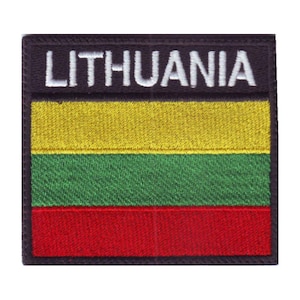 May include: An embroidered patch with the Lithuanian flag. The flag is yellow, green, and red with the word "LITHUANIA" in white letters on a black background.
