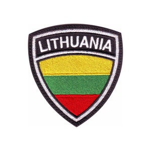 May include: An embroidered patch with the Lithuanian flag and the word "LITHUANIA" in white lettering.