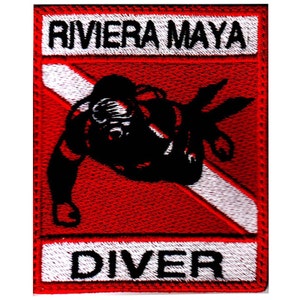 May include: Red and white embroidered patch with a scuba diver silhouette and the text "RIVIERA MAYA DIVER".