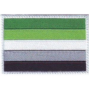 May include: A green, white, gray, and black embroidered patch with a white border. The patch is a representation of the genderqueer pride flag.