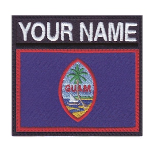 May include: A black and red embroidered patch with the flag of Guam and the text "YOUR NAME" above the flag.