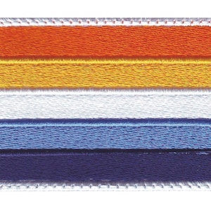 May include: A rectangular embroidered patch with five horizontal stripes in orange, yellow, white, light blue, and dark blue. The patch has a white border with a stitched edge.