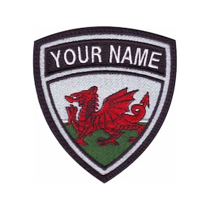 May include: A black and white embroidered patch with a red dragon on a green field. The patch has a white border and a black border with the text "YOUR NAME" in white.