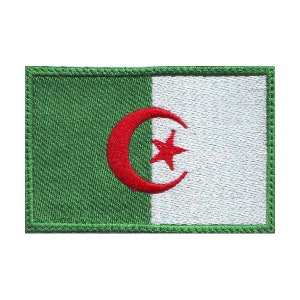 May include: An embroidered patch of the Algerian flag. The flag is green with a white crescent moon and star in the center. The flag is surrounded by a white border.