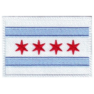 May include: Embroidered patch featuring the Chicago city flag. The flag is white with two blue horizontal stripes and four red six-pointed stars.