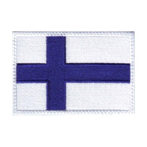 May include: A white embroidered patch featuring a blue cross, representing the flag of Finland.