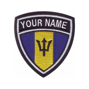 May include: Black embroidered patch with a white border. The patch features the flag of Barbados with the words "YOUR NAME" above the flag.