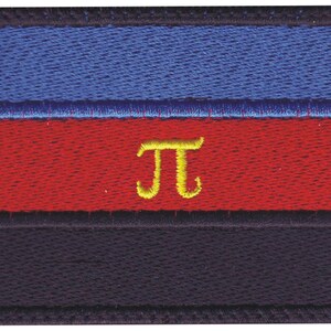 May include: A blue, red and black embroidered patch with a yellow 'pi' symbol in the centre.