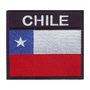 May include: Embroidered patch with the Chilean flag and the word "CHILE" in white lettering on a black background.